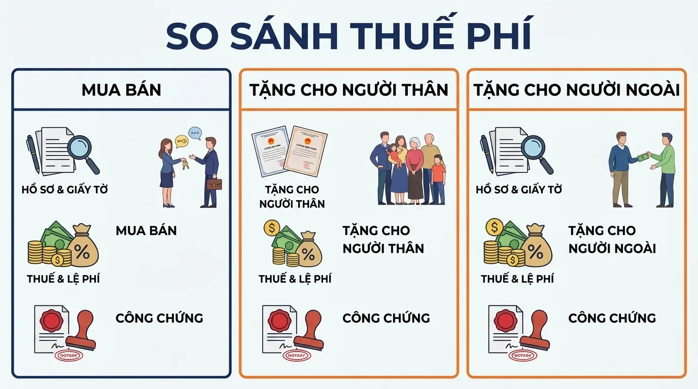 So sánh chi phí mua bán và tặng cho nhà đất.