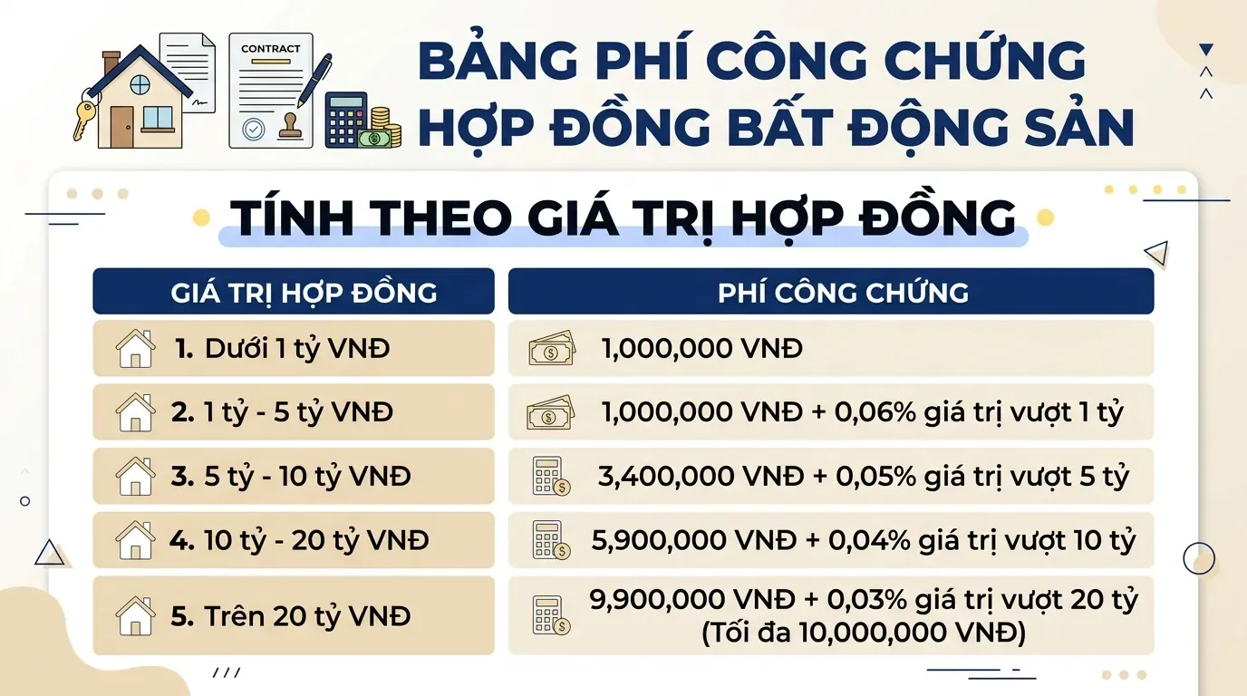 Bảng phí công chứng mua bán nhà đất theo giá trị hợp đồng.