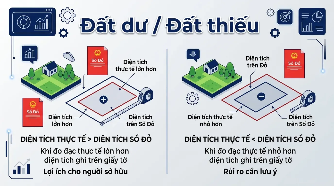 Minh họa đất dư và đất thiếu so với sổ đỏ.
