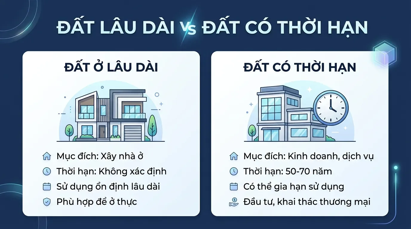 So sánh đất ở lâu dài và đất có thời hạn trên sổ hồng.