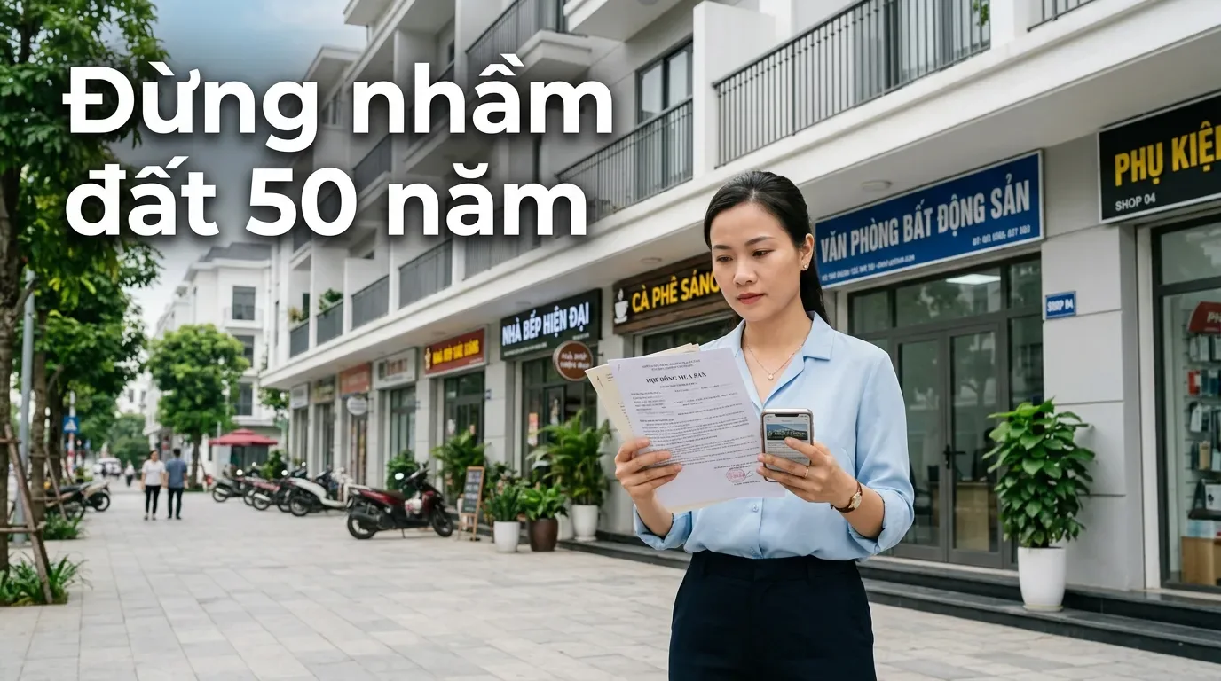 Người mua kiểm tra pháp lý shophouse đất thương mại dịch vụ 50 năm.