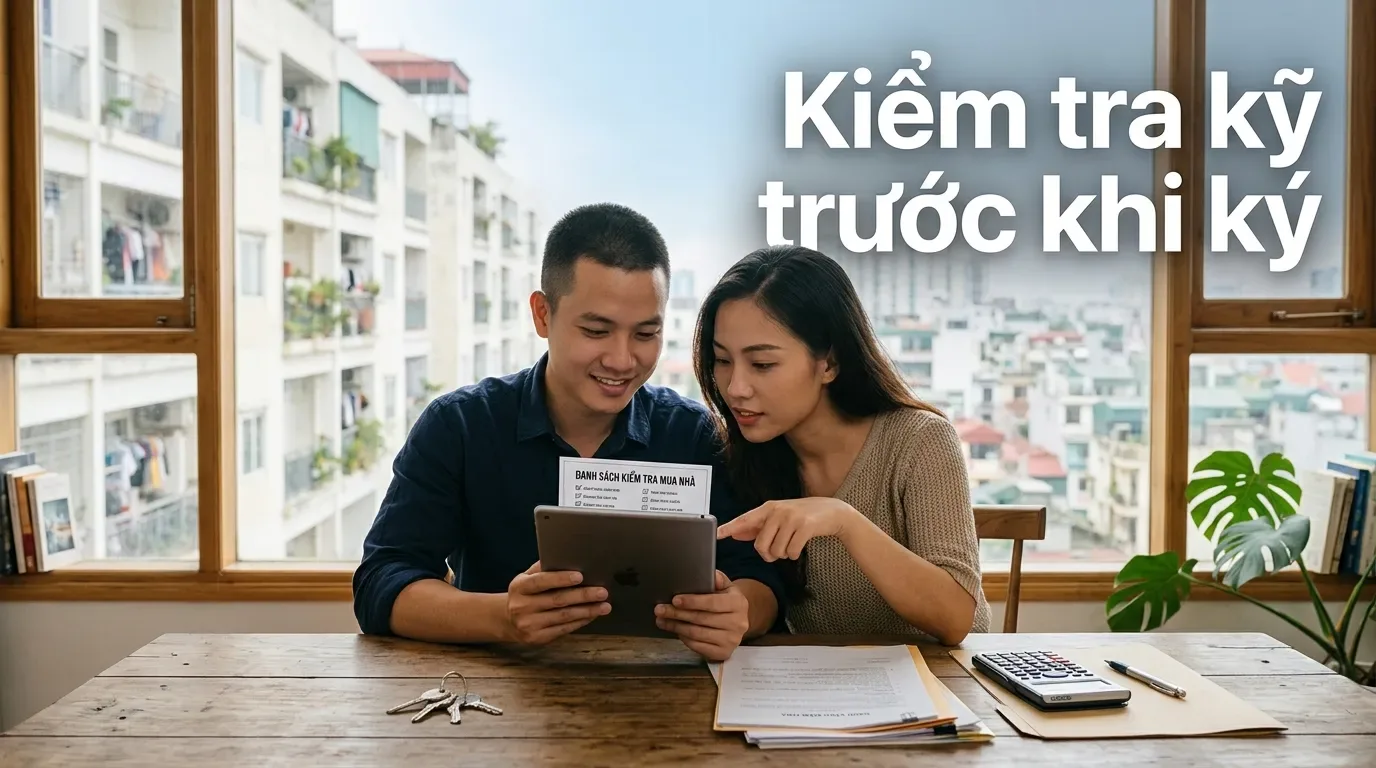 Người mua nhà kiểm tra checklist trước khi ký hợp đồng mua bán.