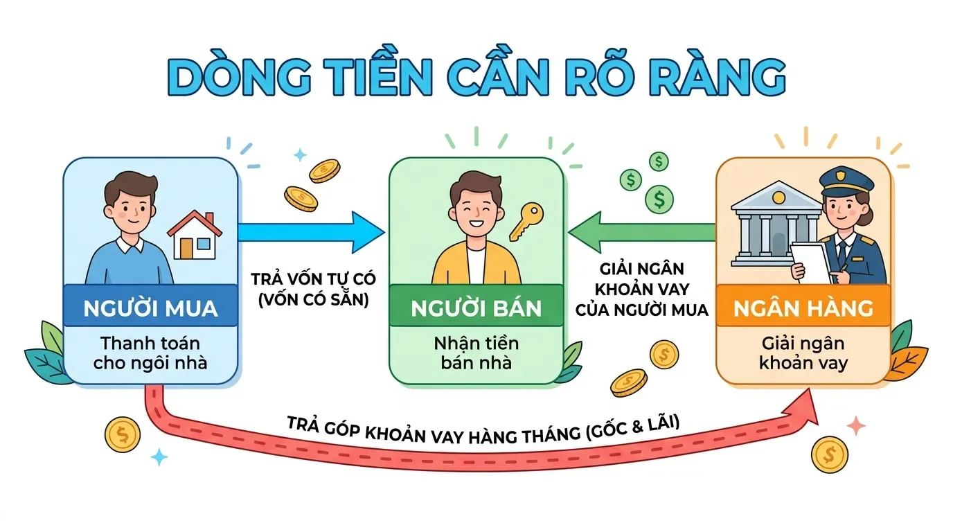 Dòng tiền trong hợp đồng mua bán nhà 3 bên.