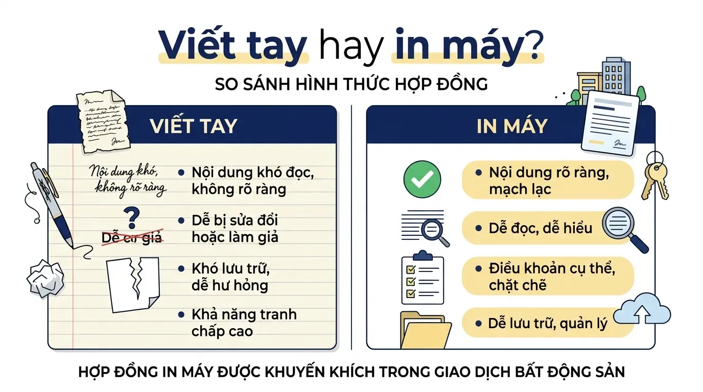 Hợp đồng mua bán nhà viết tay có hợp pháp không? Điều kiện, rủi ro và cách xử lý an toàn
